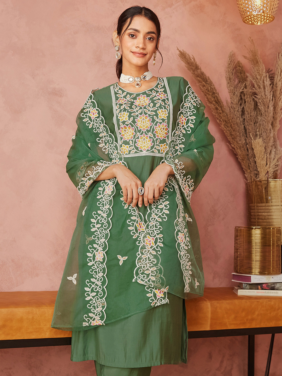 

KALINI Floral Embroidered Straight Kurta with Trousers & Dupatta, Green