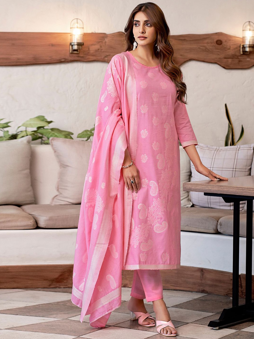 

KALINI Floral Woven Design Jacquard Straight Kurta with Trousers & Dupatta, Pink