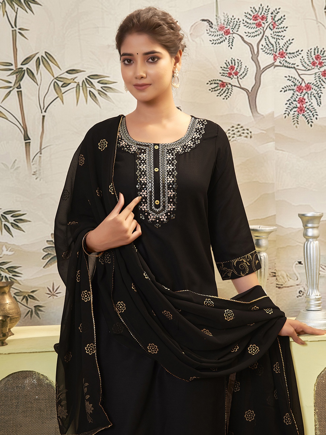 

KALINI Floral Yoke Design Sequinned Straight Kurta with Salwar & Dupatta, Black