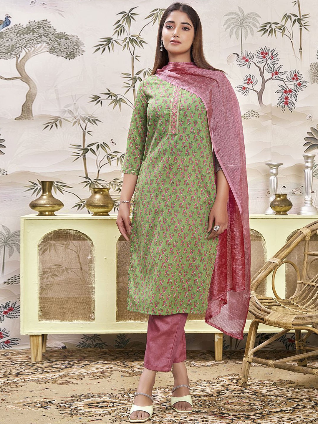 

KALINI Floral Printed Sequinned Pure Cotton Straight Kurta with Trousers & Dupatta, Green