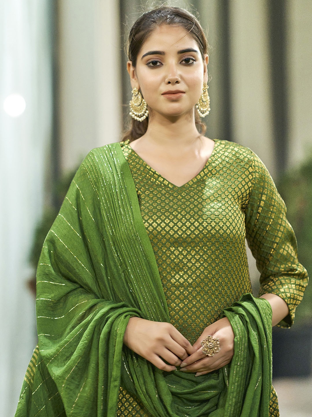 

KALINI Ethnic Motifs Woven Design Straight Kurta with Trousers & Dupatta, Green