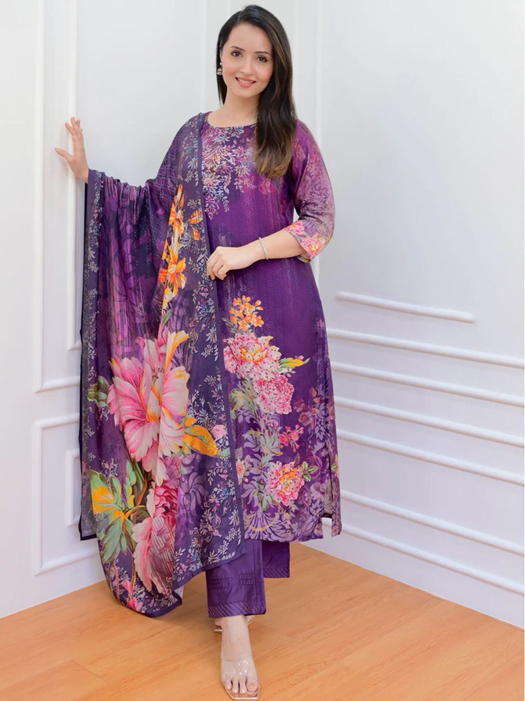 

KALINI Floral Printed Straight Kurta with Trousers & Dupatta, Purple