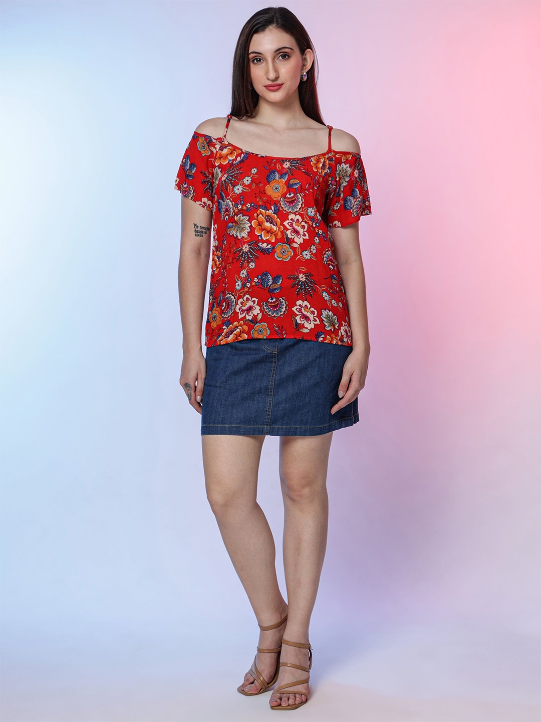 

DEBONATELLA Floral Print Crepe Bardot Top, Red