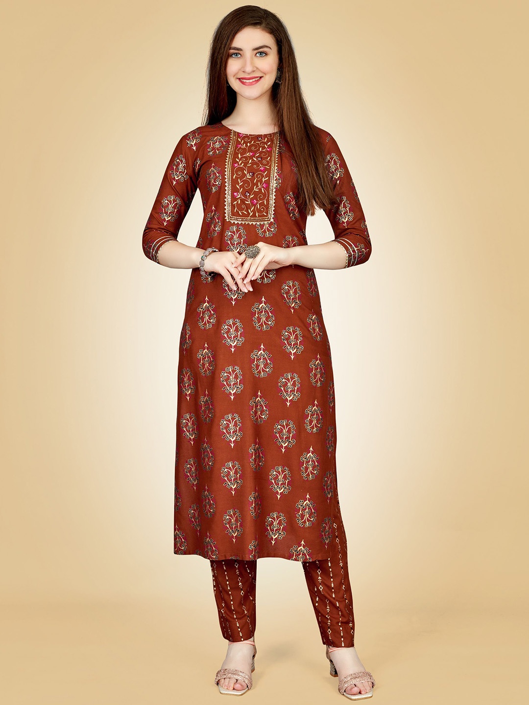 Rujave Floral Printed Thread Work Straight Kurta With Churidar, Rust
