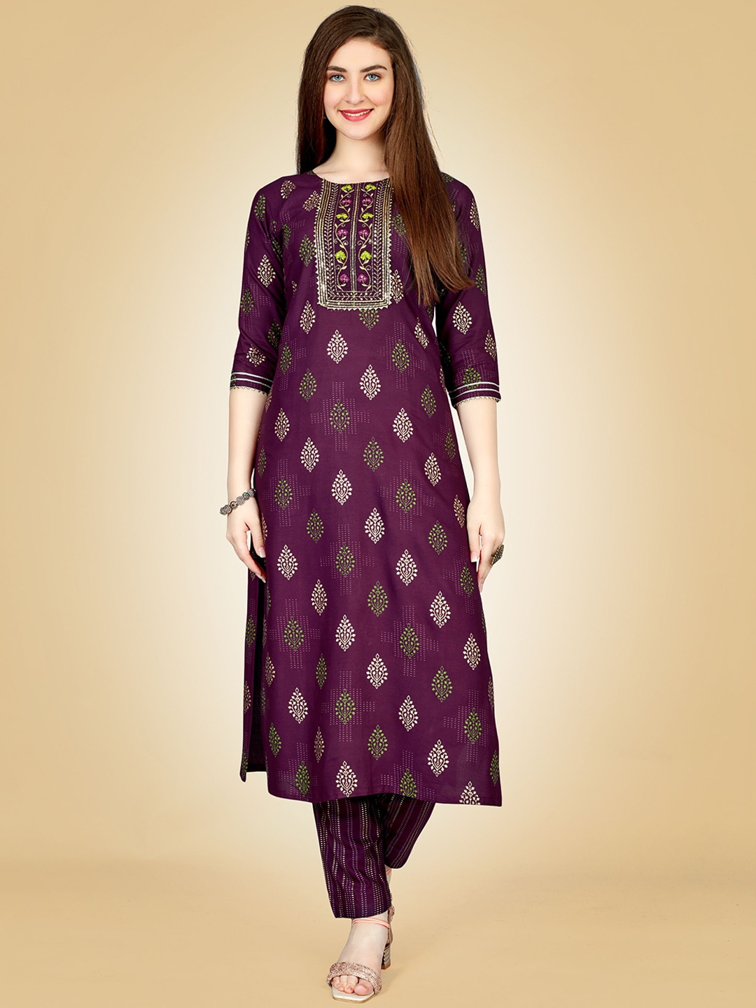 

Rujave Floral Printed Gotta Patti Detail Straight Kurta With Churidar, Purple