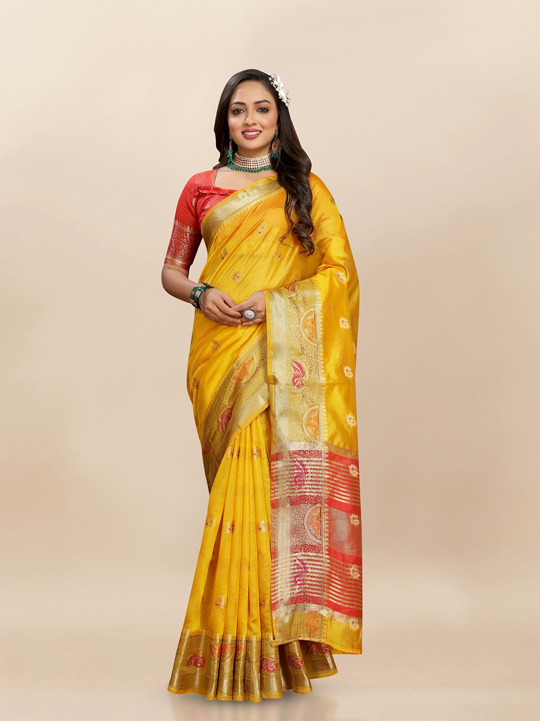 

Upalksh Woven Design Zari Silk Blend Banarasi Saree, Yellow