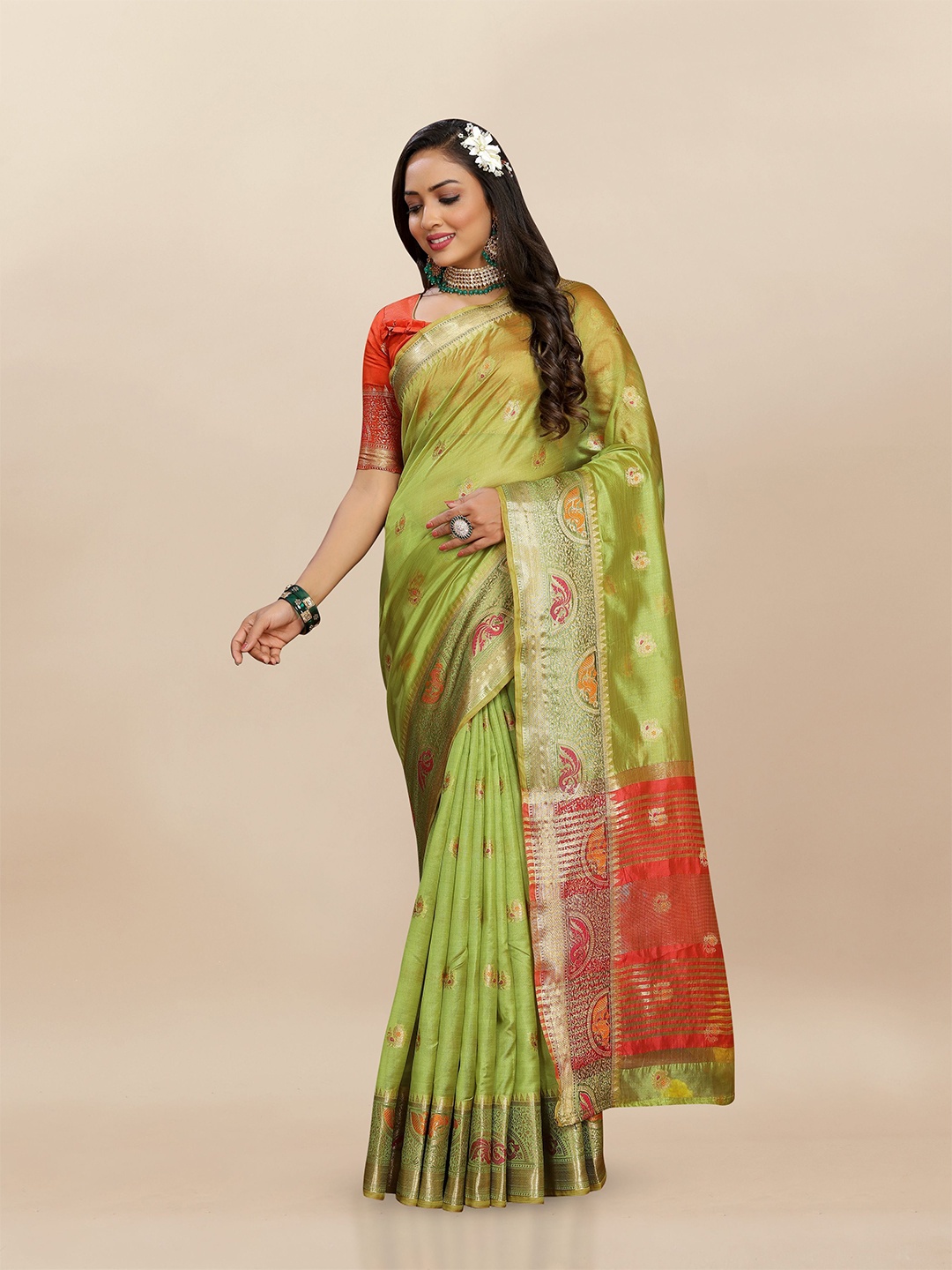 

Upalksh Woven Design Zari Silk Blend Banarasi Saree, Lime green