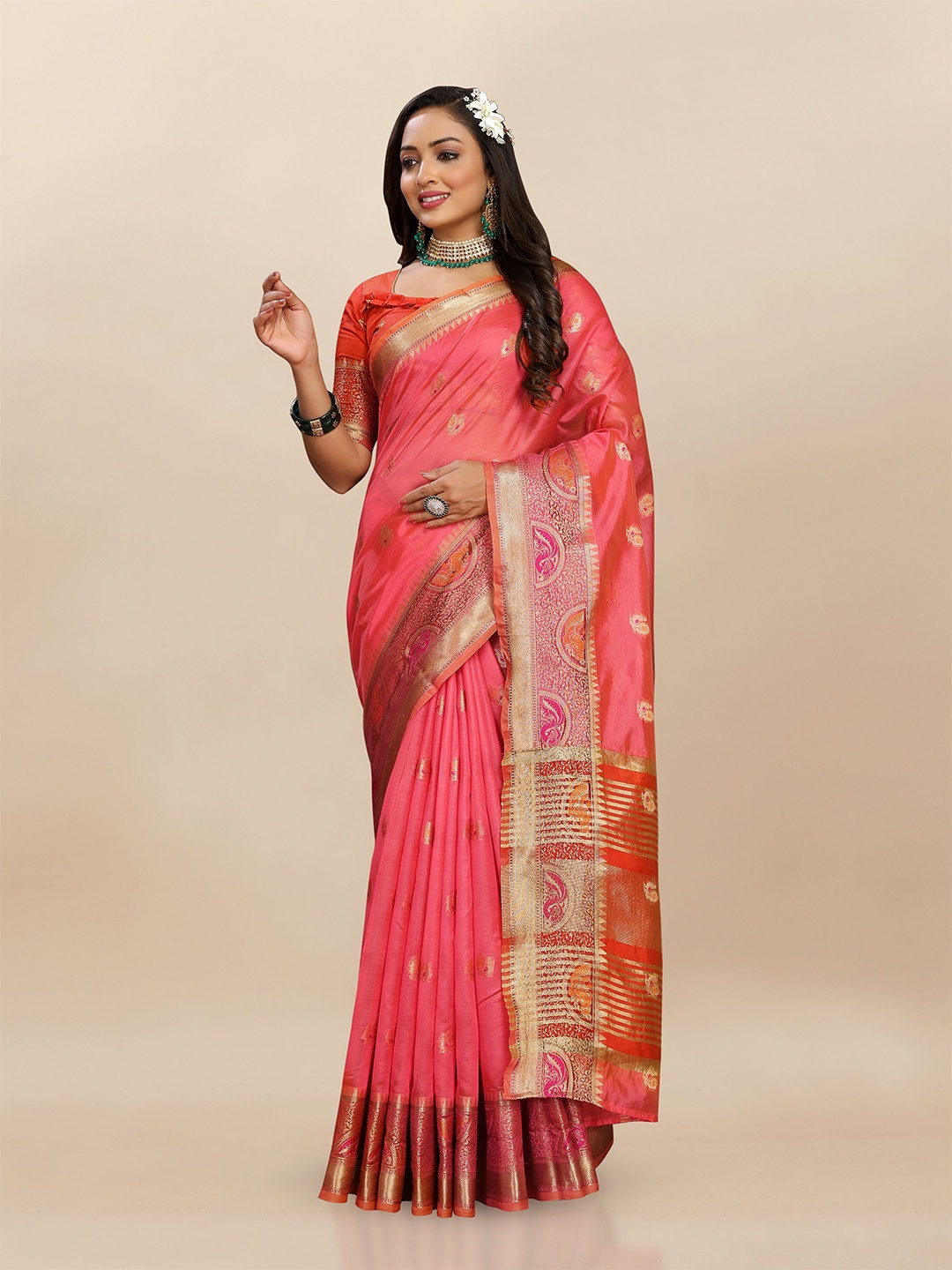 

Upalksh Woven Design Zari Silk Blend Banarasi Saree, Peach
