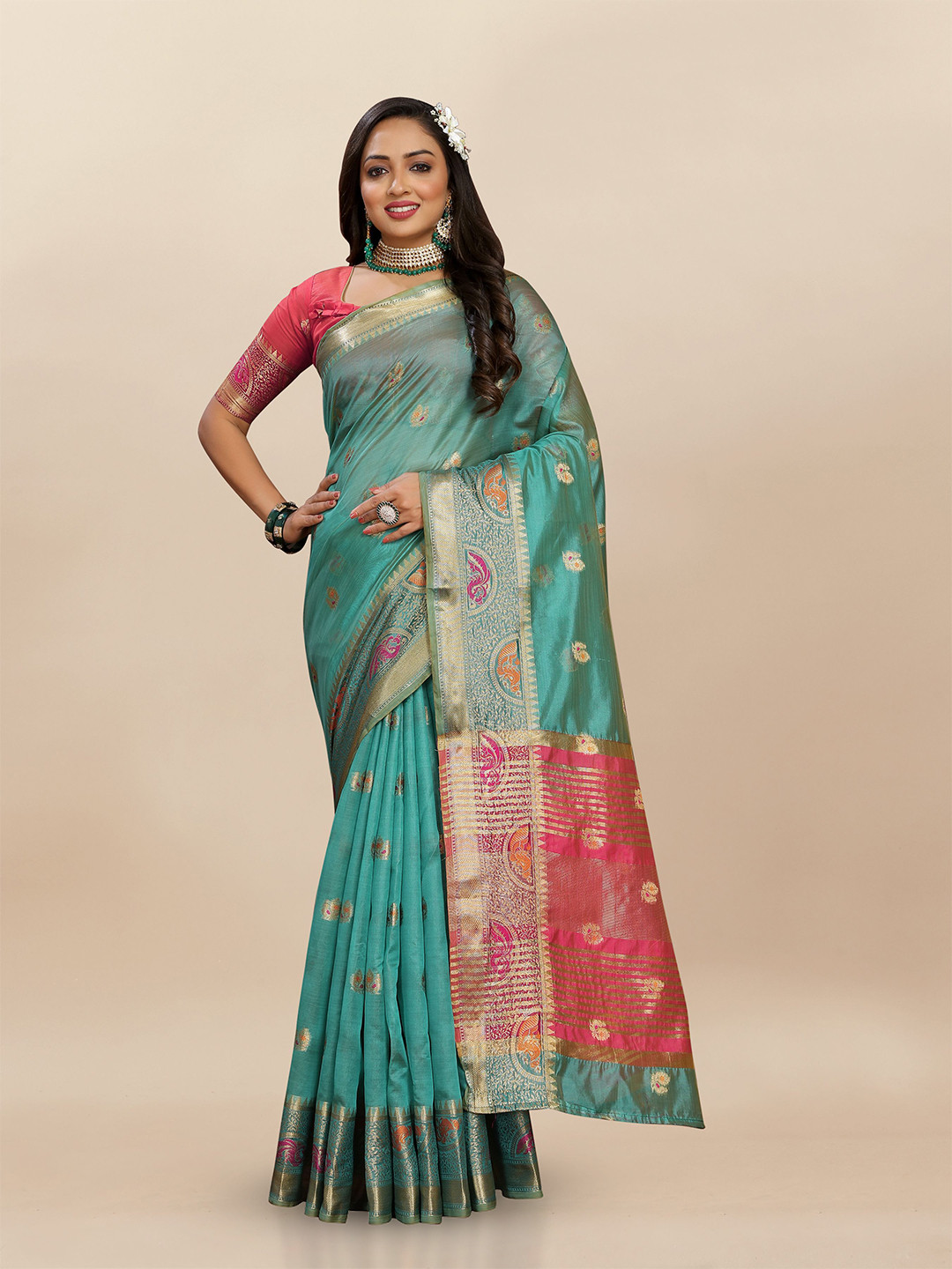 

Upalksh Woven Design Zari Silk Blend Banarasi Saree, Turquoise blue