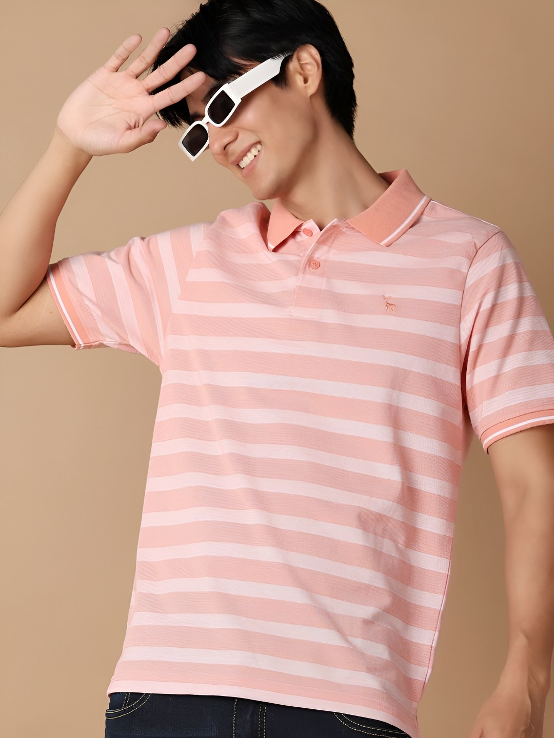 

V-Mart Men Striped Polo Collar Cotton T-shirt, Pink