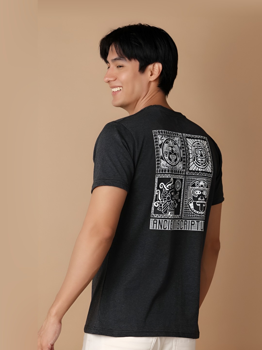 

V-Mart Men Graphic Printed Round Neck Cotton Slim Fit T-shirt, Charcoal