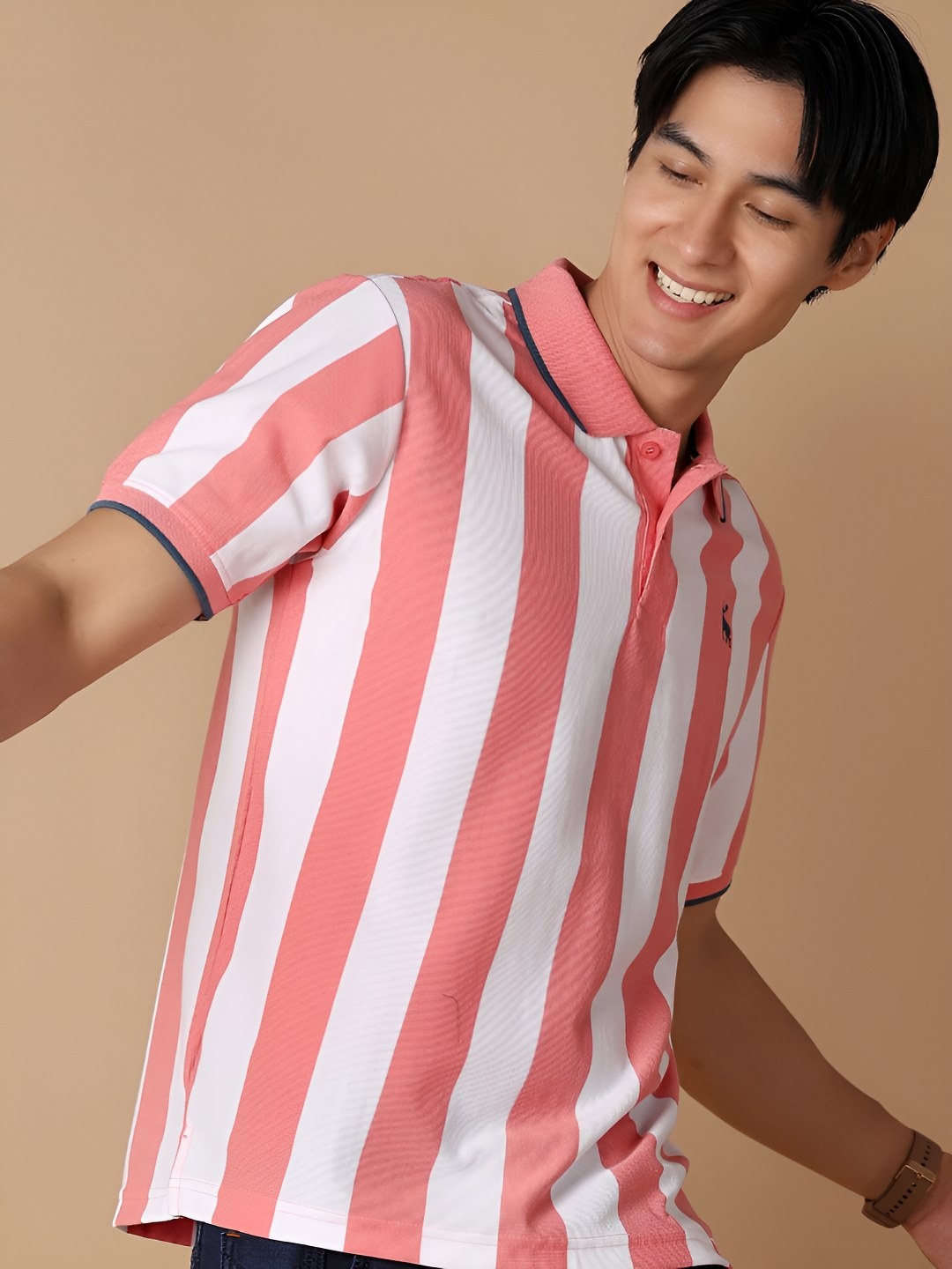 

V-Mart Men Striped Polo Collar Cotton T-shirt, Pink