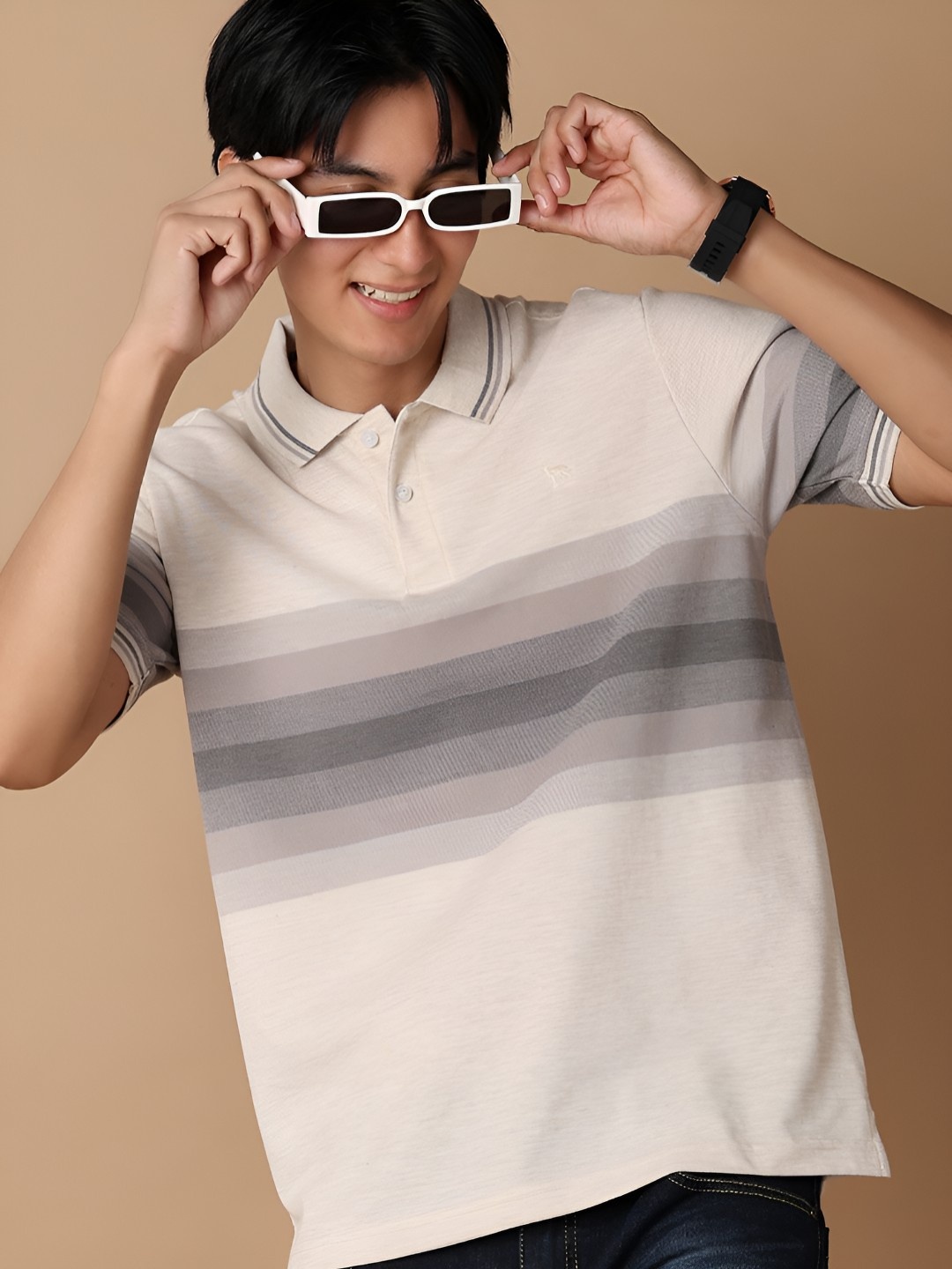 

V-Mart Men Striped Polo Collar Cotton T-shirt, Beige