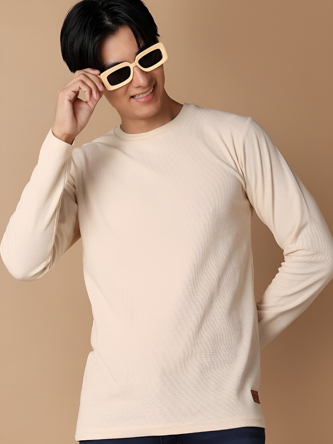 

V-Mart Men Solid Round Neck Cotton Slim Fit T-shirt, Beige