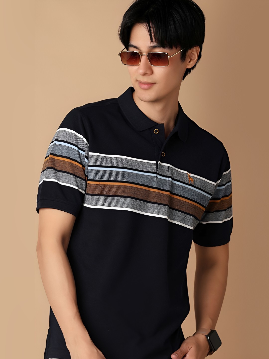 

V-Mart Men Striped Polo Collar Cotton T-shirt, Navy blue