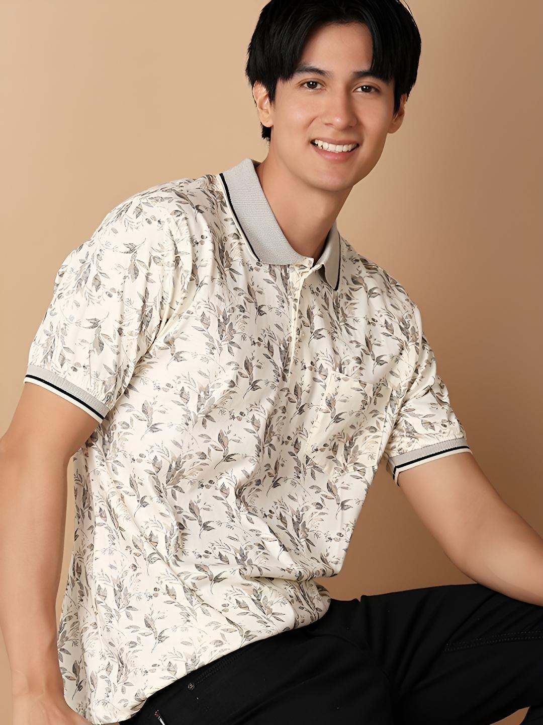 

V-Mart Men Tropical Printed Polo Collar Cotton T-shirt, Off white
