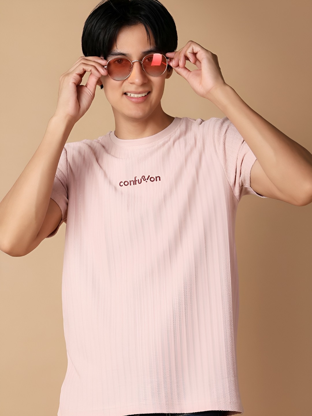 

V-Mart Men Typography Printed Round Neck Cotton Slim Fit T-shirt, Peach