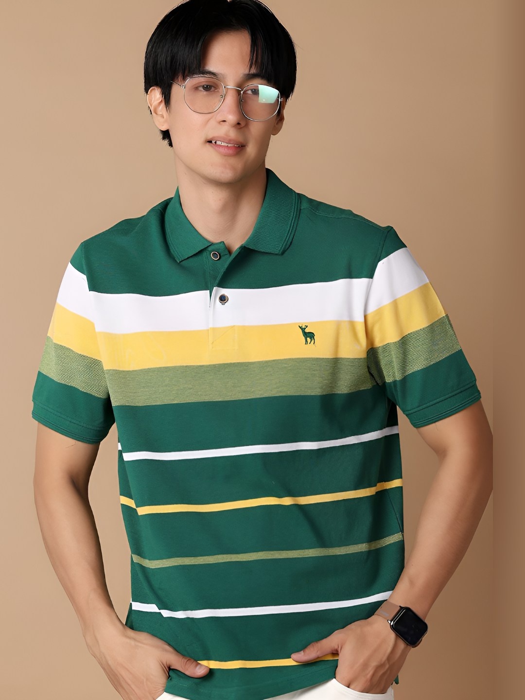 

V-Mart Men Striped Polo Collar Cotton T-shirt, Green
