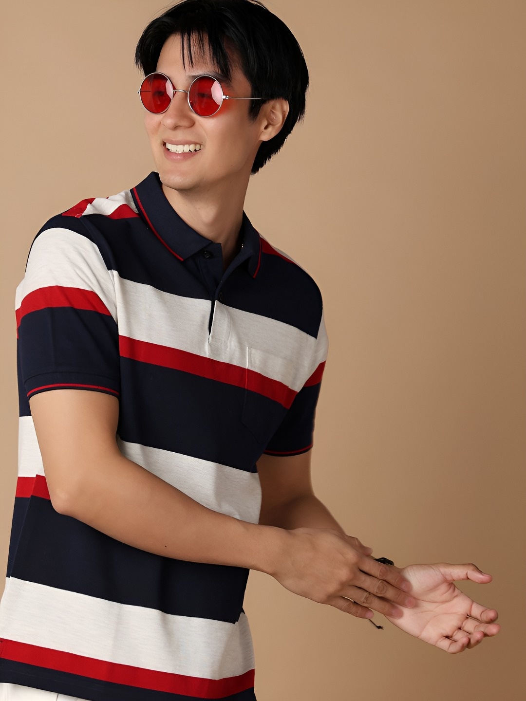 

V-Mart Men Striped Nautical Polo Collar Cotton T-shirt, Navy blue
