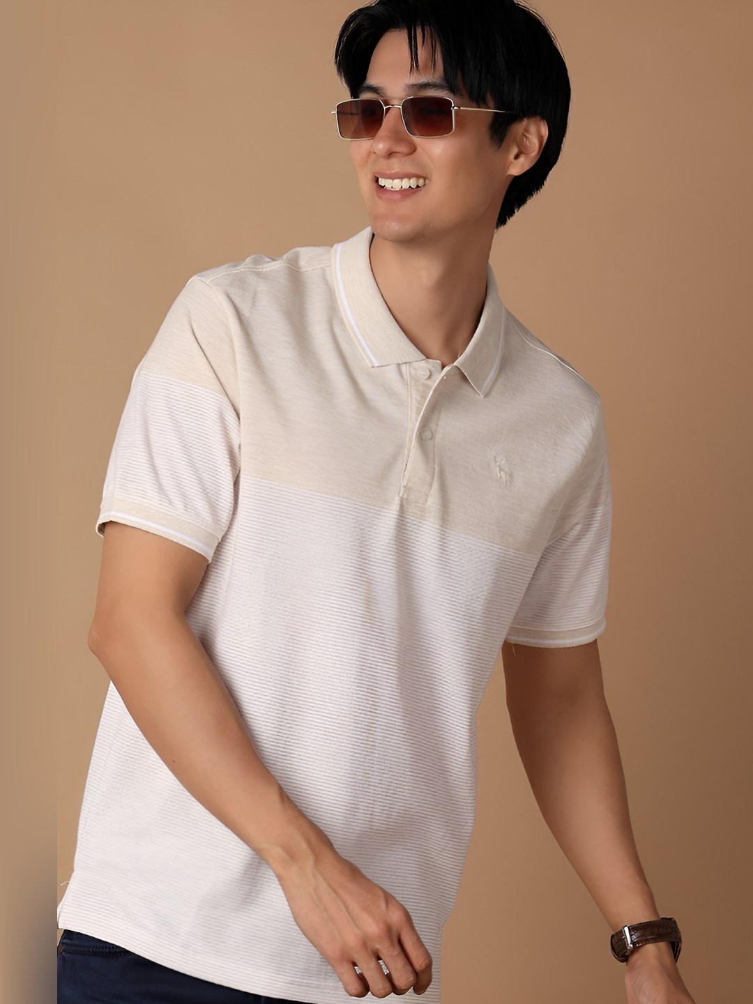 

V-Mart Men Striped Polo Collar Cotton T-shirt, Beige