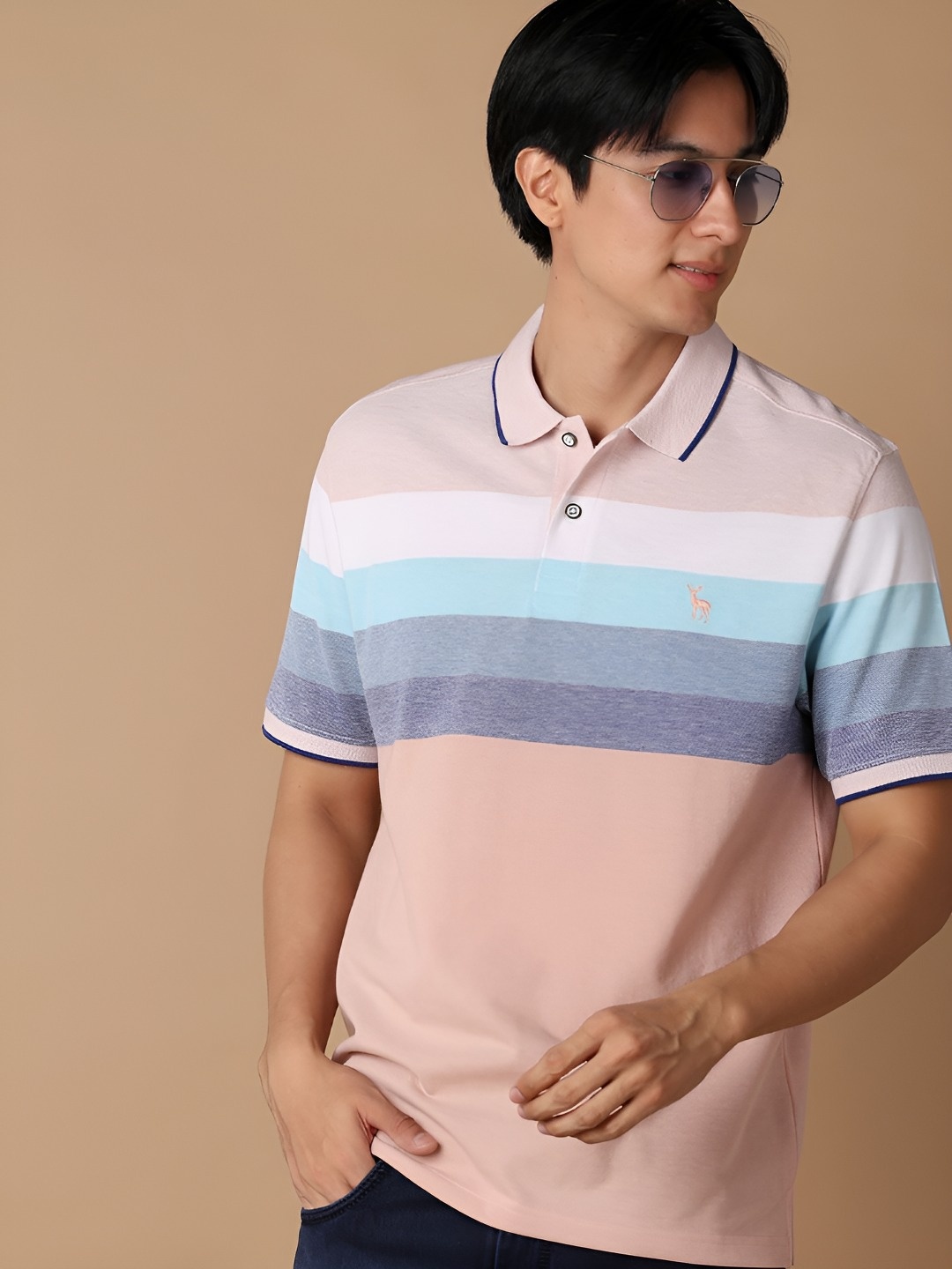 

V-Mart Men Striped Polo Collar T-shirt, Peach