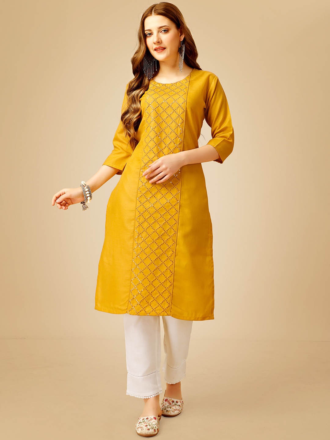 

Rujave Geometric Embroidered Thread Work Straight Kurta With Churidar, Yellow