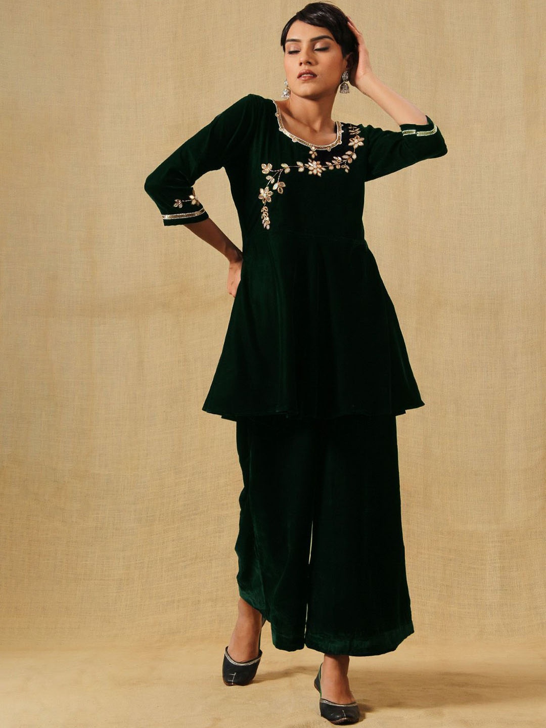 KHUSHBOO AND PANKAJ Embroidered Regular Mirror Work Velvet Kurta with Palazzos, Green