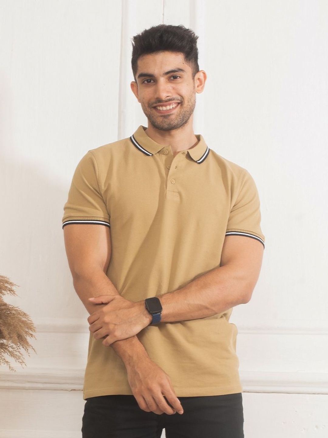 

The Bleu Label Men Solid Mandarin Collar Pockets Slim Fit T-shirt, Khaki