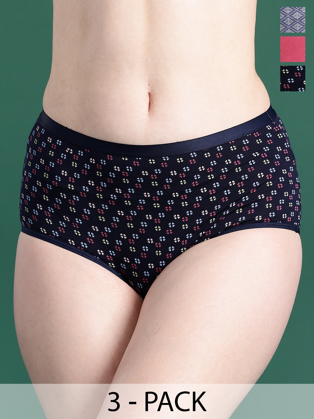 

DressBerry Pack Of 3 Assorted Printed High-Rise Hipster Briefs, Navy blue