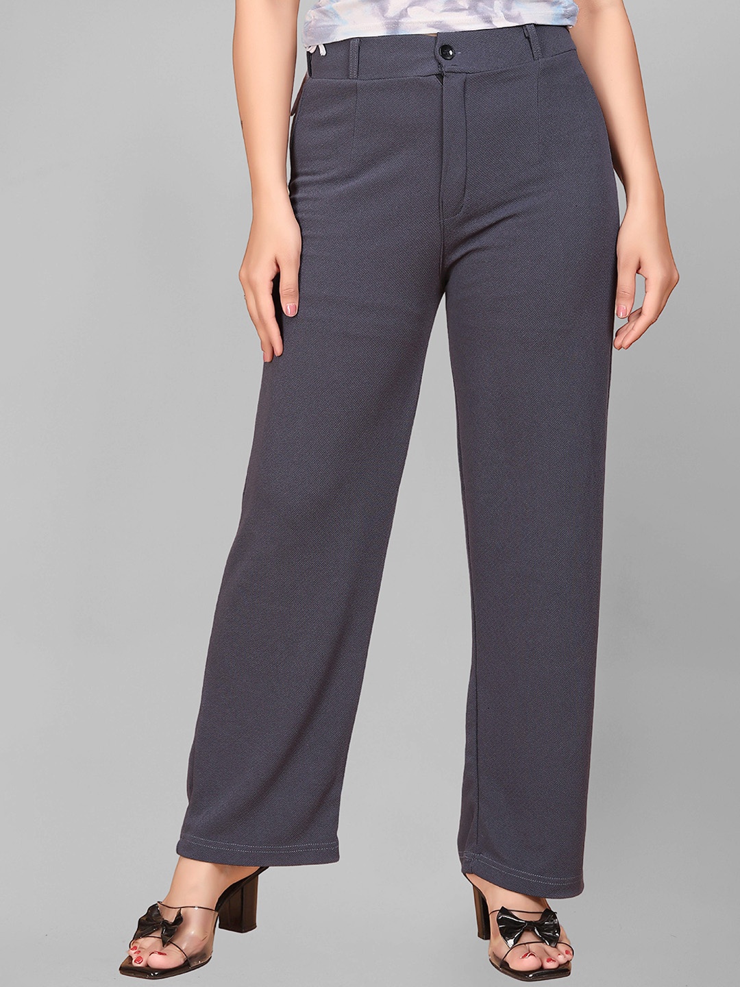 

N N ENTERPRISE Women Original Straight Fit High-Rise Parallel Trousers, Grey