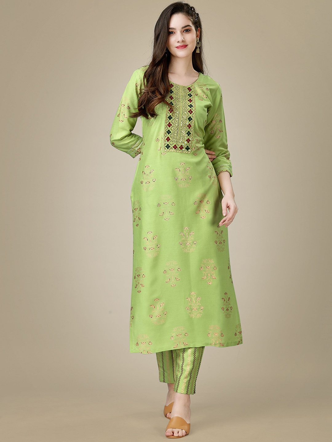 

Rujave Ethnic Motifs Printed Thread Work Straight Kurta With Churidar, Sea green