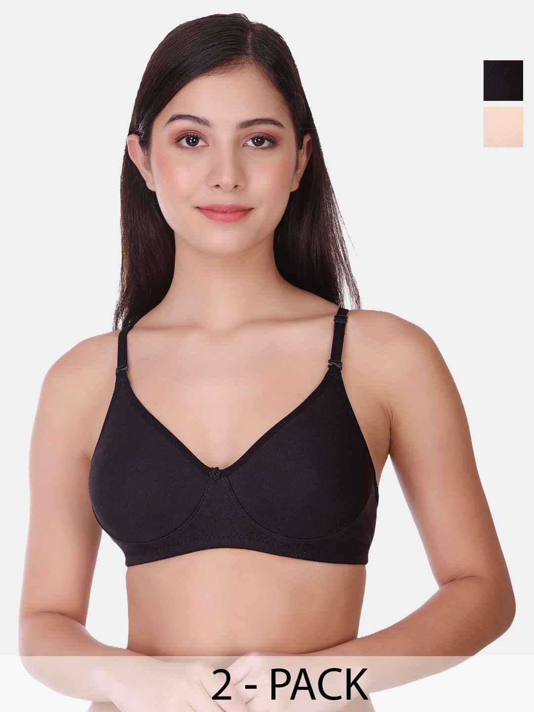 

POOJA RAGENEE Pack of 2 Full Coverage Non Padded Cotton T-shirt Bra, Black