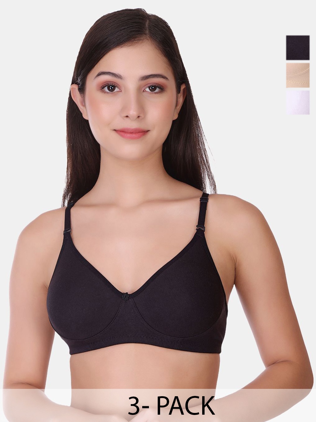 

POOJA RAGENEE Pack of 3 Full Coverage Non Padded Cotton T-shirt Bra, Black