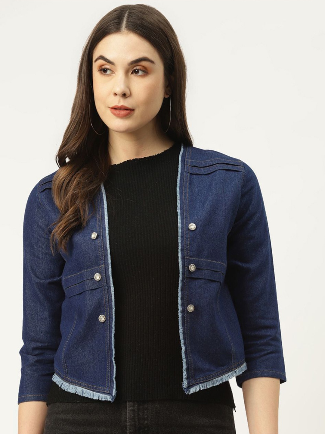 

urSense Front-Open Cotton Crop Denim Shrug, Navy blue