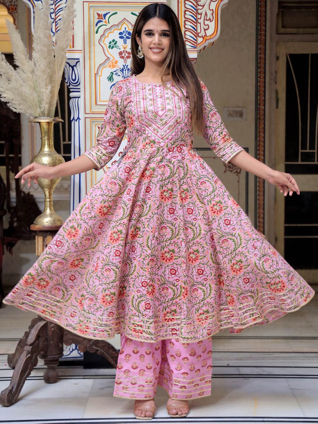 

ELVISH JAIPUR Floral Printed Pure Cotton Kurta with Palazzos & Dupatta, Pink