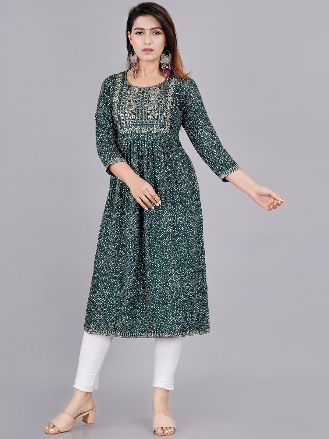 

Mintmarie Bandhani Printed Mirror Work Nayra Cut Straight Kurta, Green