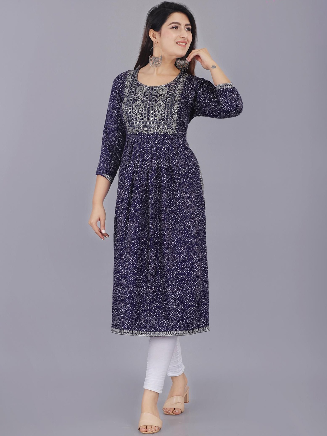

Mintmarie Bandhani Printed Mirror Work Nayra Cut Straight Kurta, Blue