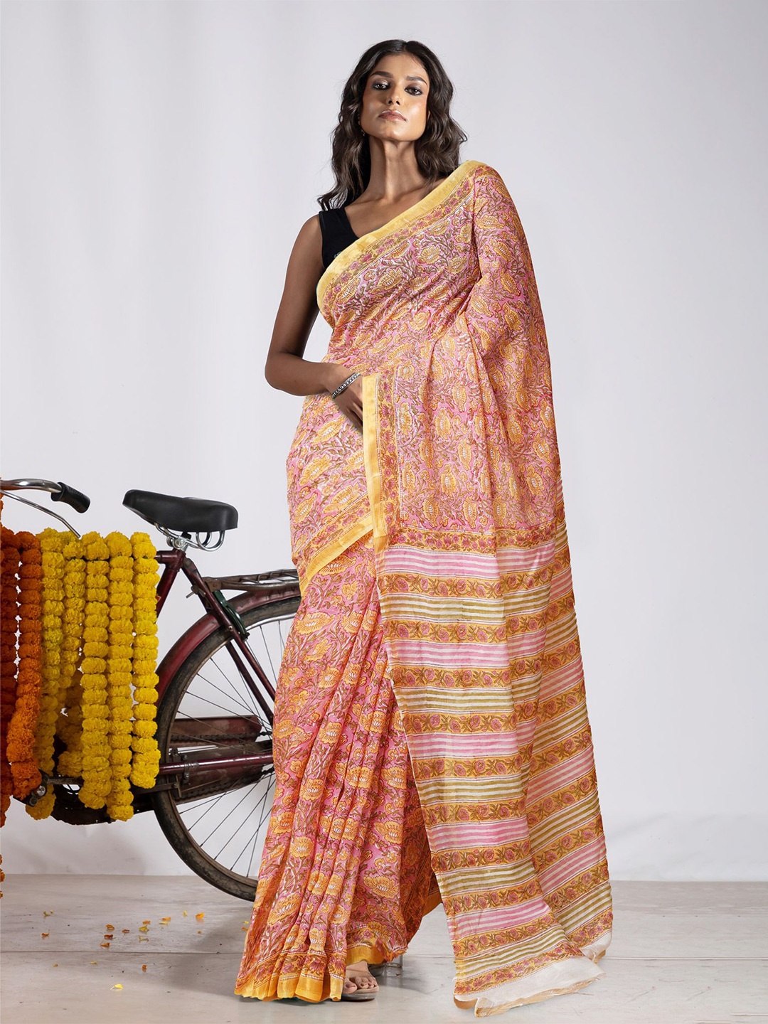

Unnati Silks Ethnic Motifs Zari Pure Silk Handloom Chanderi Saree, Pink