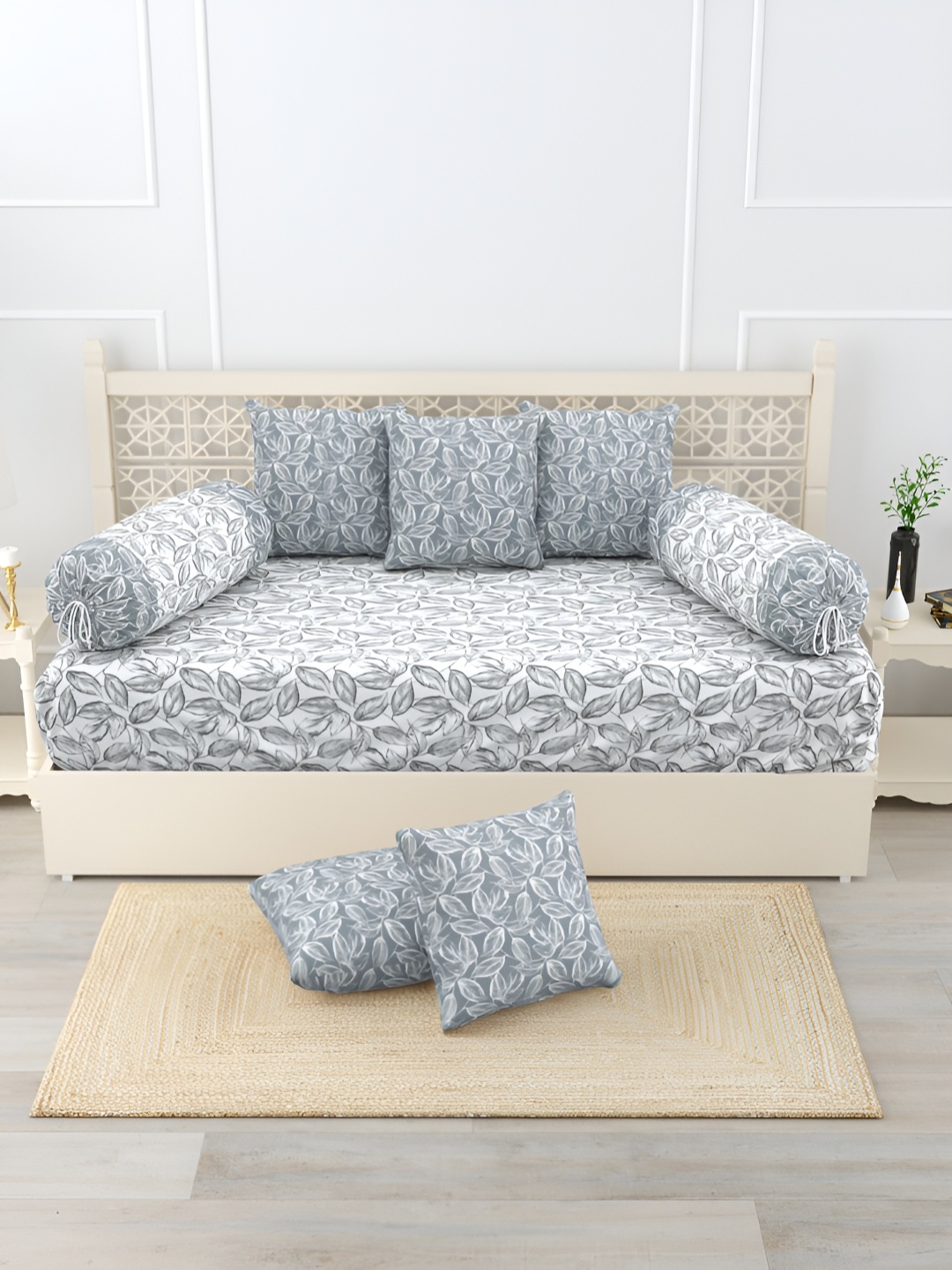 

Salona Bichona Grey & White 8 Pieces Floral Printed Print Pure Cotton Diwan Set