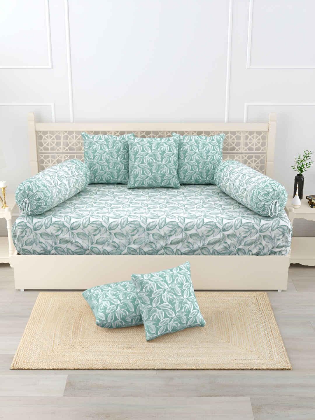 

Salona Bichona Blue & White 8 Pieces Floral Printed Pure Cotton Printed Diwan Set