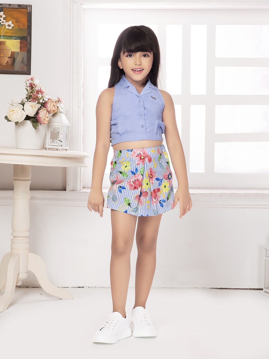 

Tiny Baby Girls Shirt Collar Sleeveless Top with Skirt, Blue