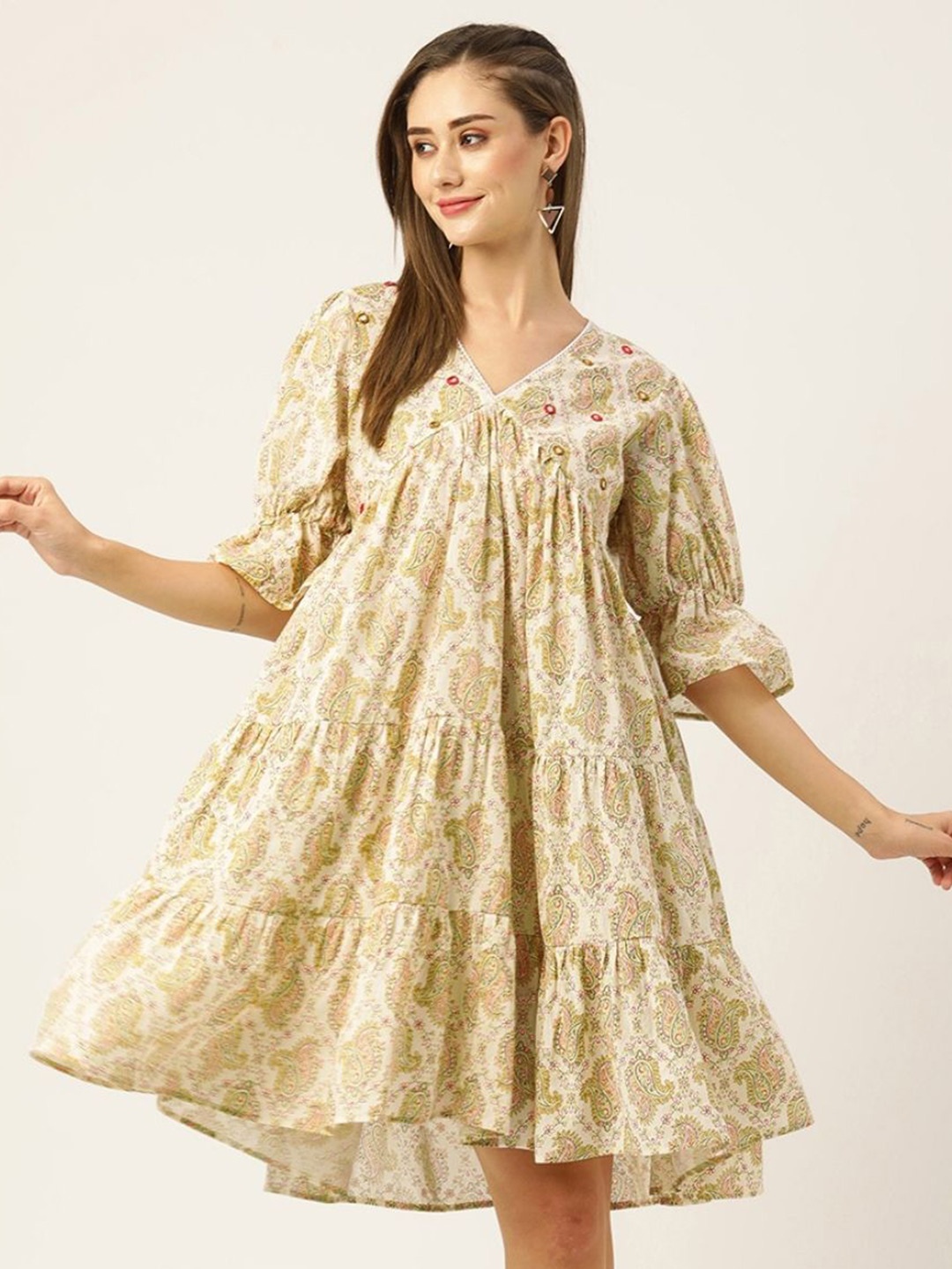 

ODETTE Floral Print A-Line Dress, Beige