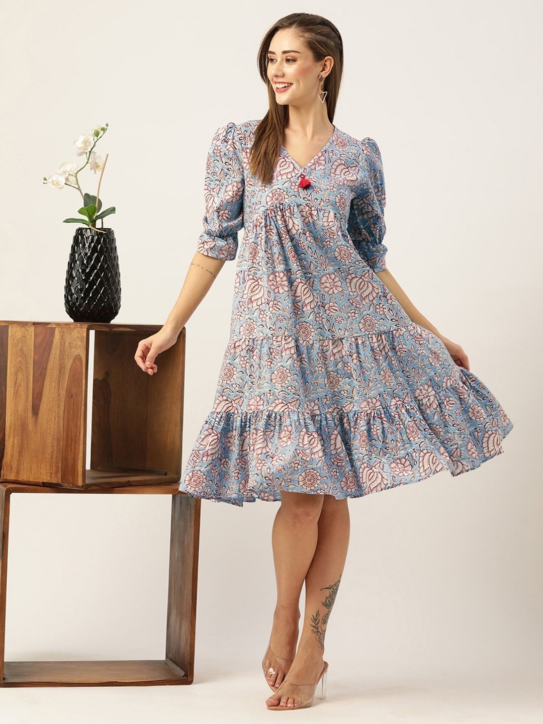 

ODETTE Ethnic Motifs Print A-Line Dress, Blue