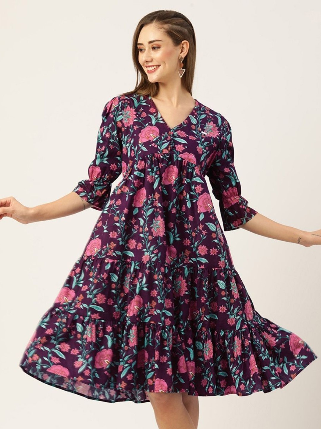 

ODETTE Floral Print A-Line Dress, Purple