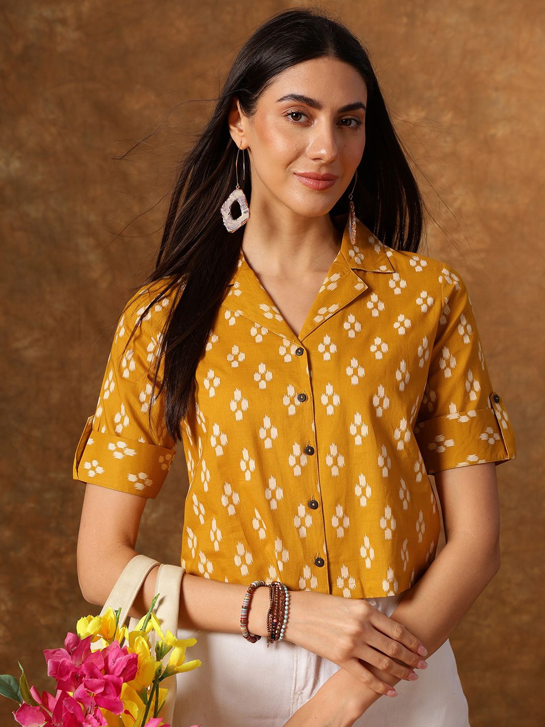 

Anouk Abstract Print Roll-Up Sleeves Cotton Shirt Style Top, Mustard
