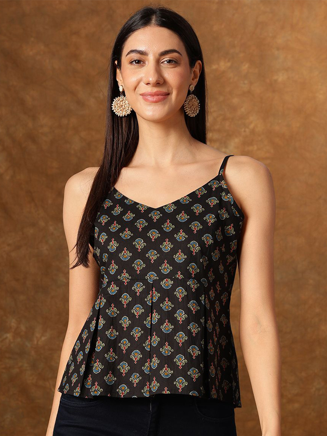 

Anouk Floral Print Cotton Crop Top, Black