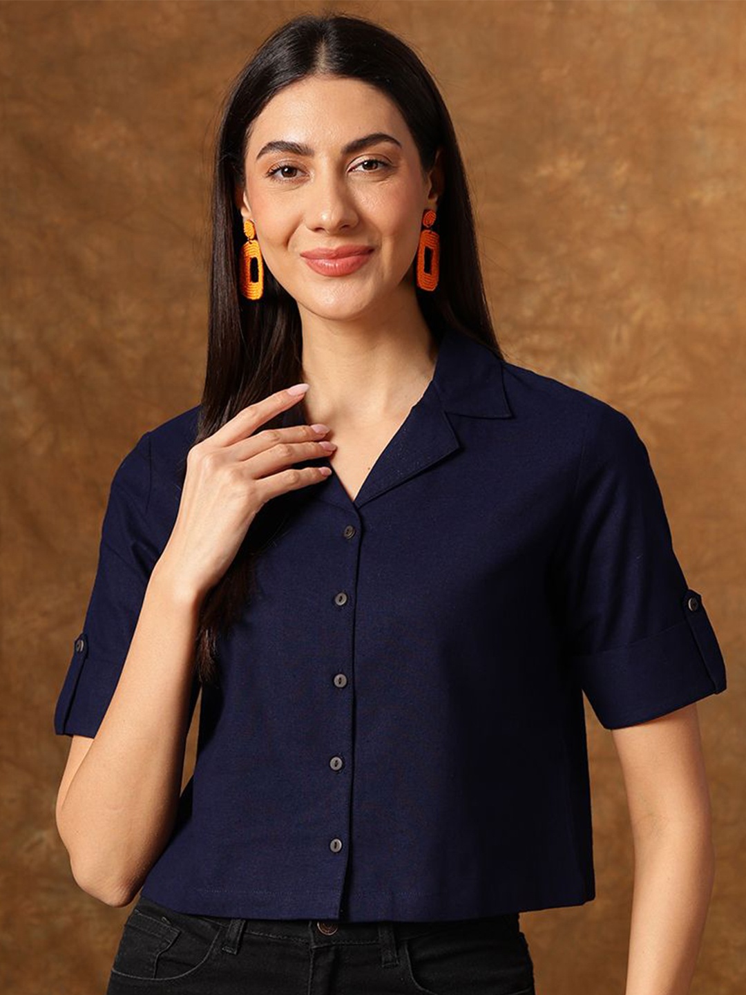 

Anouk Roll-Up Sleeves Cotton Shirt Style Top, Navy blue