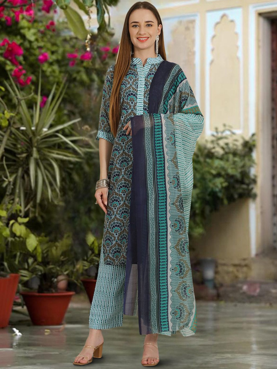 

7Threads Floral Printed Mandarin Collar Pure Cotton Straight Kurta with Trousers & Dupatta, Teal