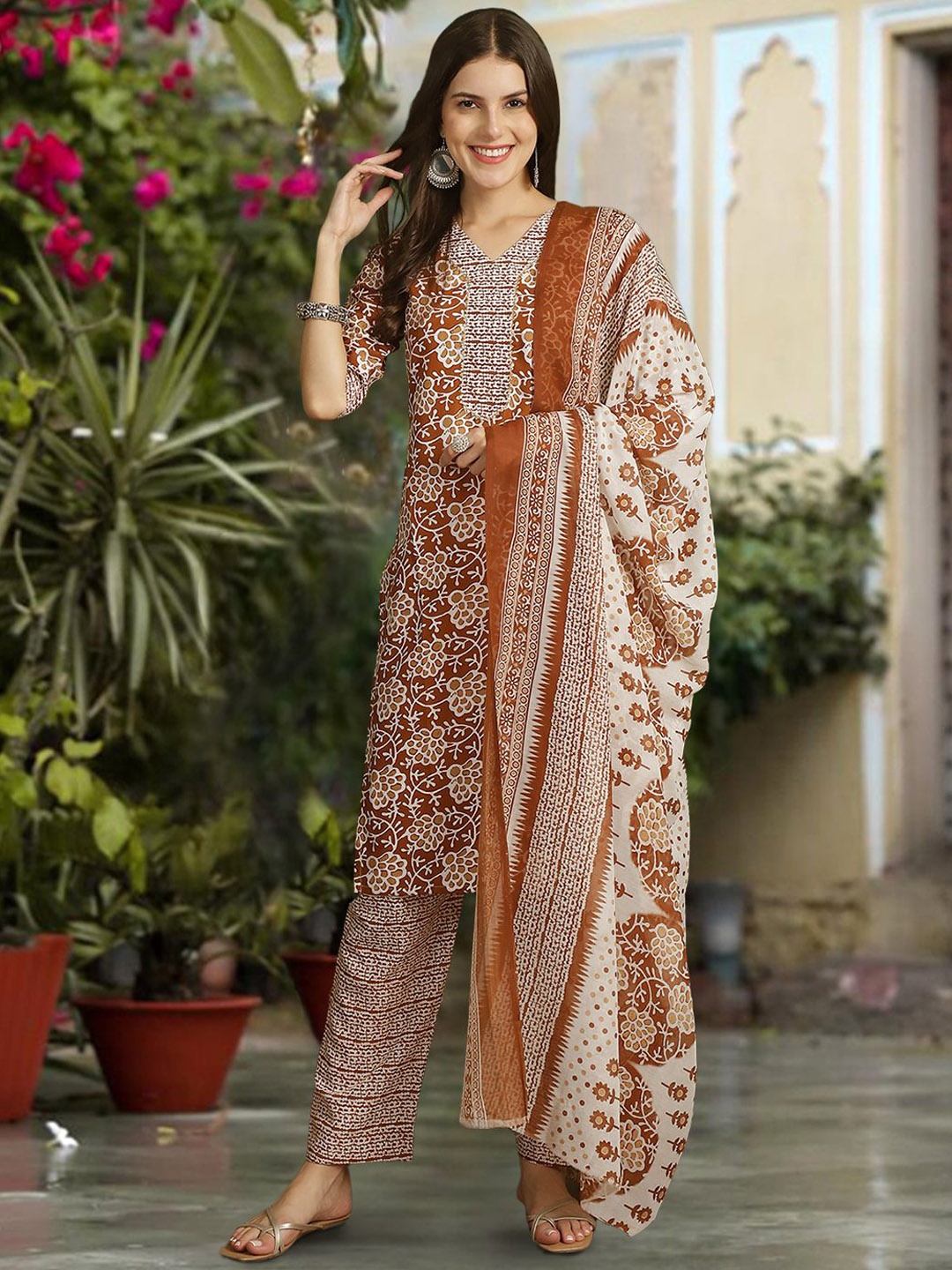 

7Threads Floral Printed Pure Cotton Straight Kurta with Trousers & Dupatta, Rust