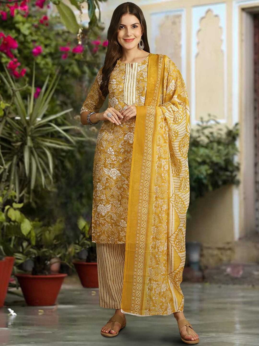 

7Threads Floral Printed Pure Cotton Straight Kurta with Trousers & Dupatta, Mustard